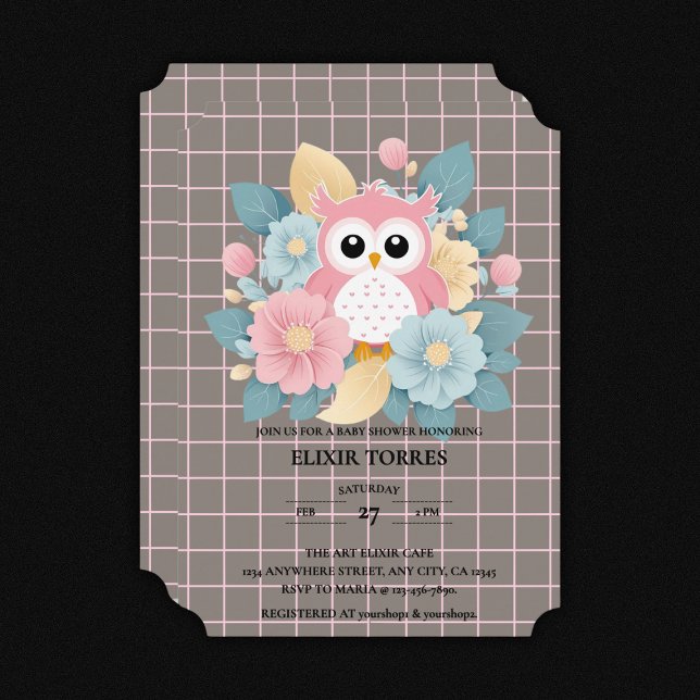 Moderne rosa Owl Blütendusche & Grid Baby Dusche Einladung (Von Creator hochgeladen)