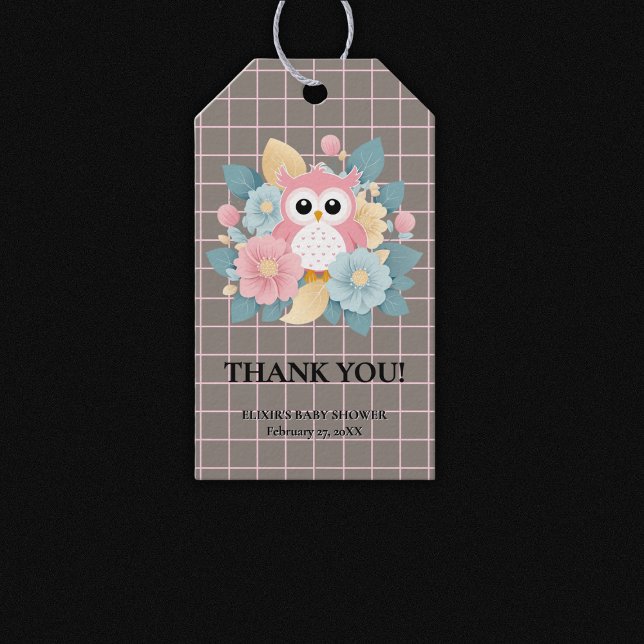 Moderne rosa Owl Blütendusche & Grid Baby Dusche Geschenkanhänger (Von Creator hochgeladen)