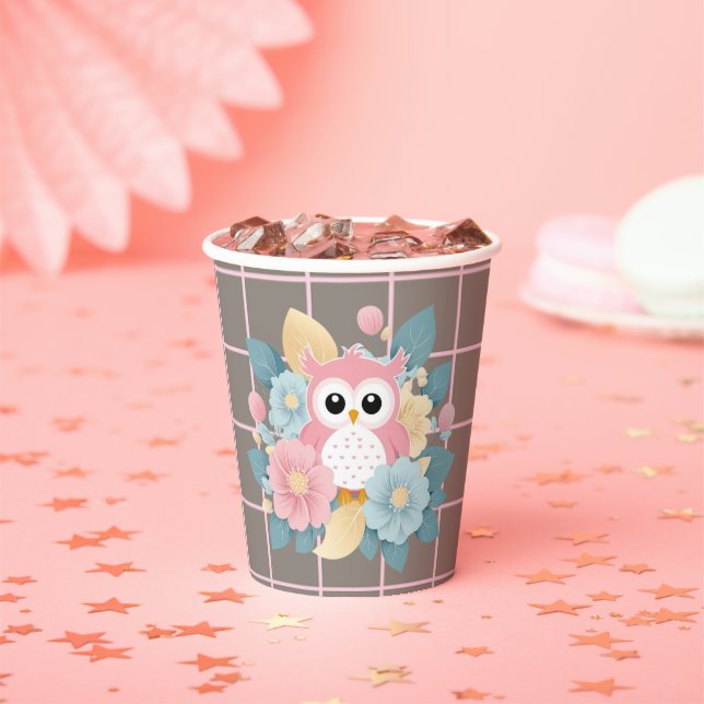 Moderne rosa Owl Blütendusche & Grid Baby Dusche Pappbecher (Insitu)