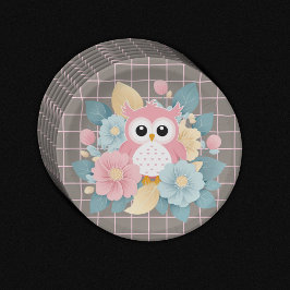 Moderne rosa Owl Blütendusche & Grid Baby Dusche Pappteller