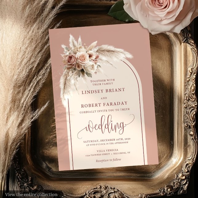 Moderne rosa Pampas Arch Hochzeitsfeier Einladung (Modern Dusty Pink Pampas Arch Wedding Invitation)