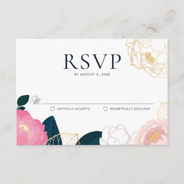 Moderne rosa Peonies Gold Foil Wedding RSVP Begleitkarte (Vorderseite)