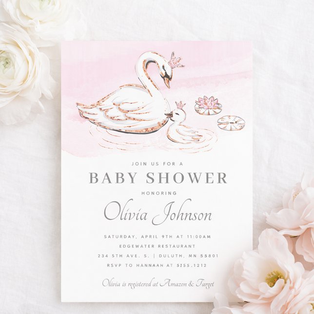 Moderne rosa Princess Swan Baby Dusche Einladung (Modern Pink Princess Swan Baby Shower Invitation)