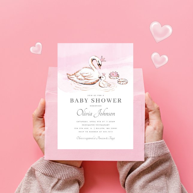 Moderne rosa Princess Swan Baby Dusche Einladung (Von Creator hochgeladen)