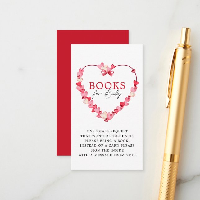 Moderne rosa Red Hearts Baby Shower Books for Baby Begleitkarte (Vorderseite/Rückseite Beispiel)