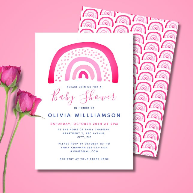 Moderne rosa Regenbogenbabydusche Einladung (Cute pink girls' rainbow, baby shower invitations and matching party range. 
)
