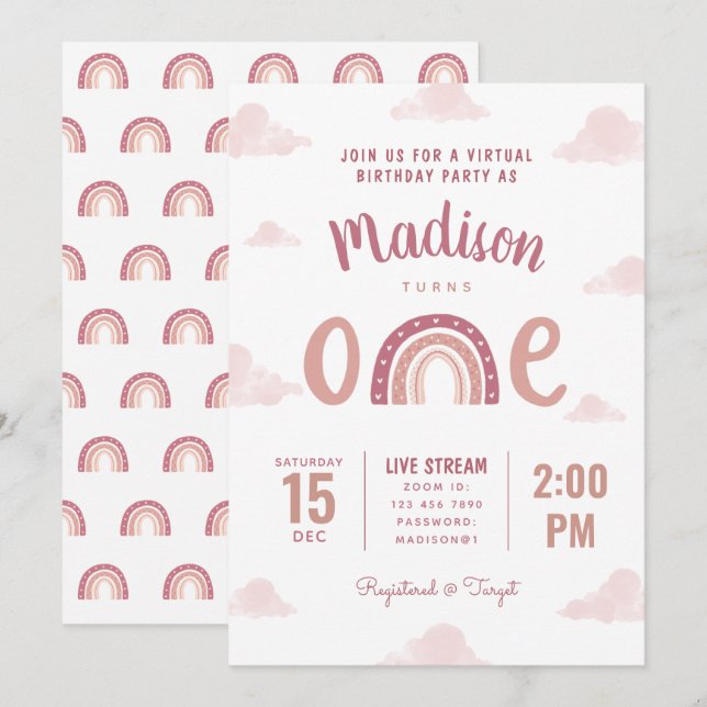 Moderne rosa Regenbogenwolken virtuell zum ersten  Einladung (Vorne/Hinten)