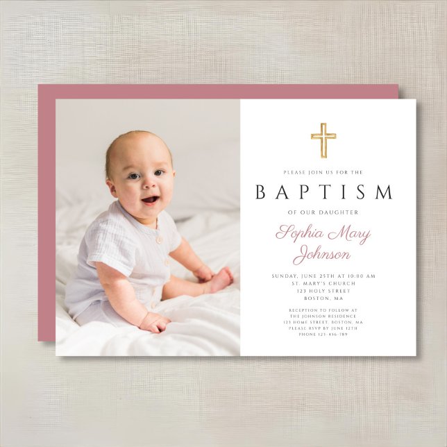 Moderne rosa religiöse Cross Girl Foto Taufe Einladung (Modern Pink Religious Cross Girl Photo Baptism Invitation)