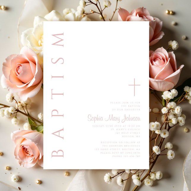 Moderne rosa religiöse Cross Girl-Taufe Einladung (Modern Blush Pink Religious Cross Girl Baptism Invitation)