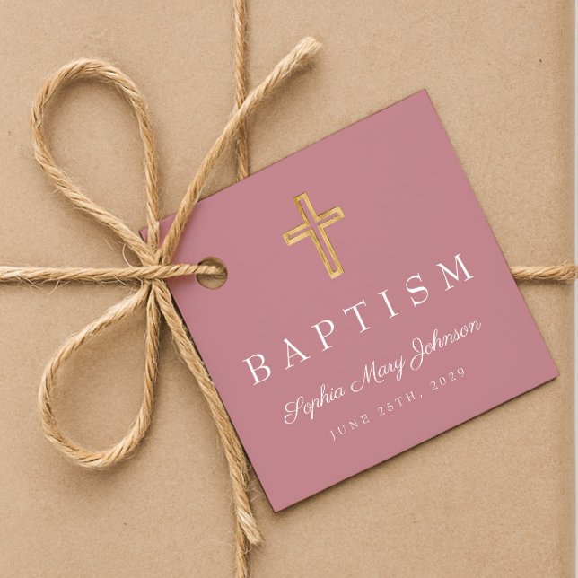 Moderne rosa religiöse Cross Script-Taufe Geschenkanhänger (Modern Pink Religious Cross Script Baptism Favor Tags)