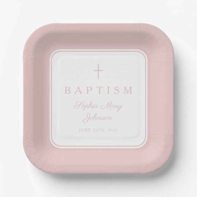 Moderne rosa religiöse Kreuz Mädchen Taufe Pappteller (Vorderseite)
