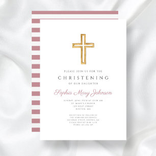 Moderne rosa religiöses Kreuz Taufkleid Einladung