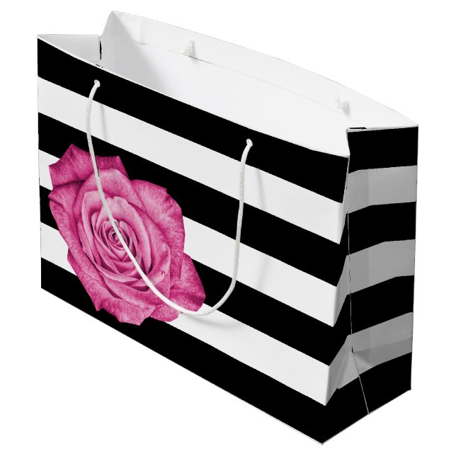 Moderne rosa Rose Schwarz-weiß gestreifte Hochzeit Große Geschenktüte (Rückseite Schrägansicht)