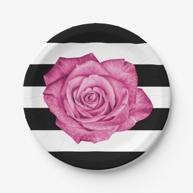 Moderne rosa Rose Schwarz-weiß gestreifte Hochzeit Pappteller (Vorderseite)