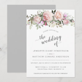 Moderne rosa Rosen Bouquet Blassgraue Hochzeit Einladung
