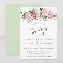 Moderne rosa Rosen Bouquet Grün Hochzeit Einladung