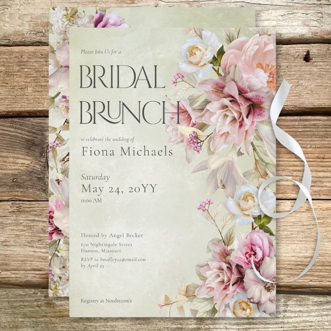 Moderne rosa Rosen & Lilien Grüner Bridal Brunch Einladung (Delicate Modern Pink Rose & Lily Green Bridal Brunch Invitation)