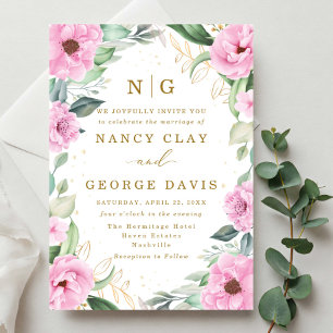 Moderne rosa Rosenblumen-Monogramm-Hochzeit Einladung