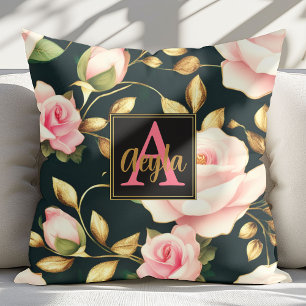Moderne rosa Roses Gold Blätter Monogram Kissen