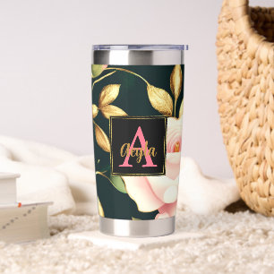 Moderne rosa Roses Gold Blätter Monogram Thermobecher