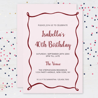 Moderne rosa Rot 40. Geburtstag Handgezeichnete Gr Einladung
