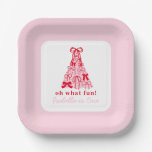 Moderne rosa rote Baumschleife zum 1. Geburtstag Pappteller