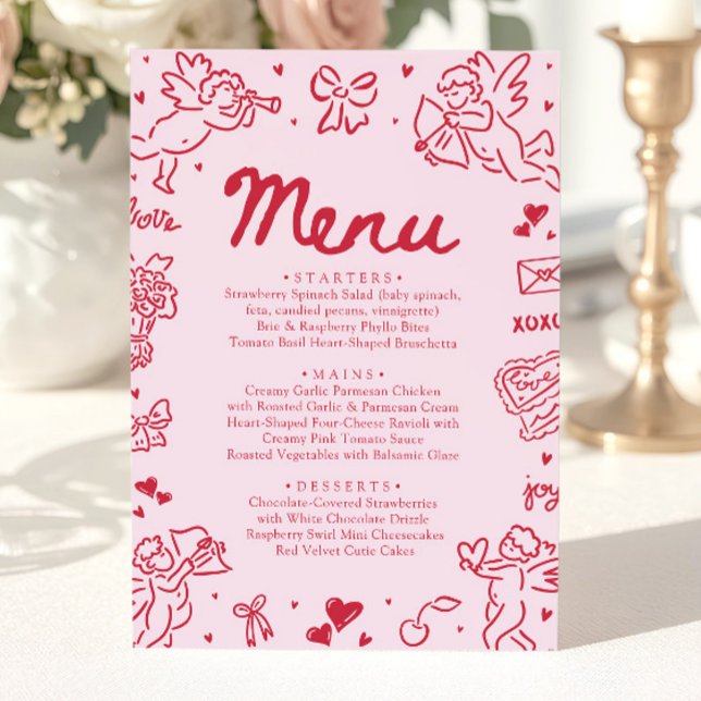 Moderne rosa rote Herzen Handgezeichnetes Valentin (Modern Pink Red Hearts Hand Drawn Valentine Menu)