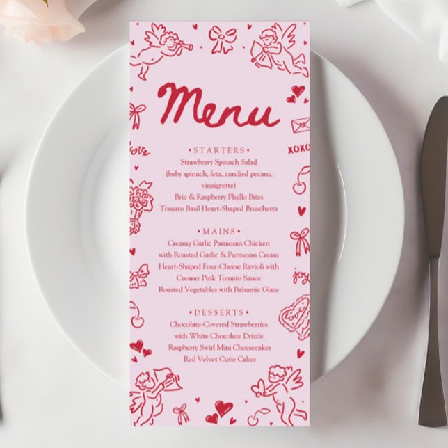 Moderne rosa rote Herzen Handgezeichnetes Valentin (Modern Pink Red Hearts Hand Drawn Valentine Menu)