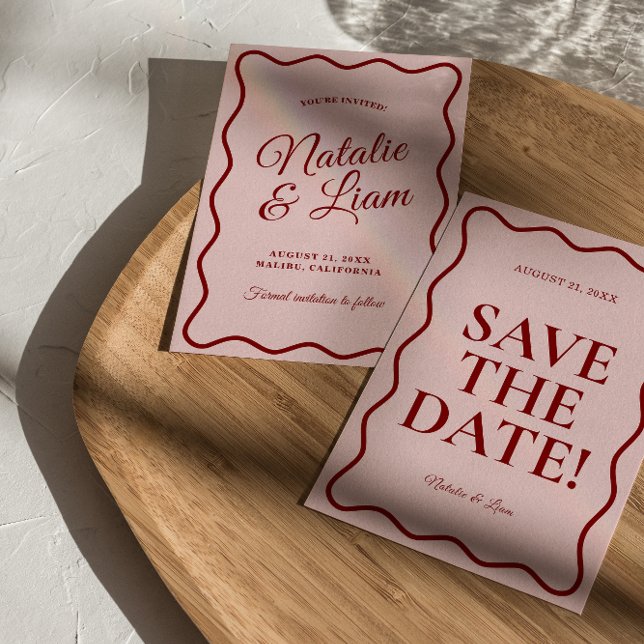 Moderne rosa rote, leuchtende Funky Bold Retro Wed Save The Date (Von Creator hochgeladen)