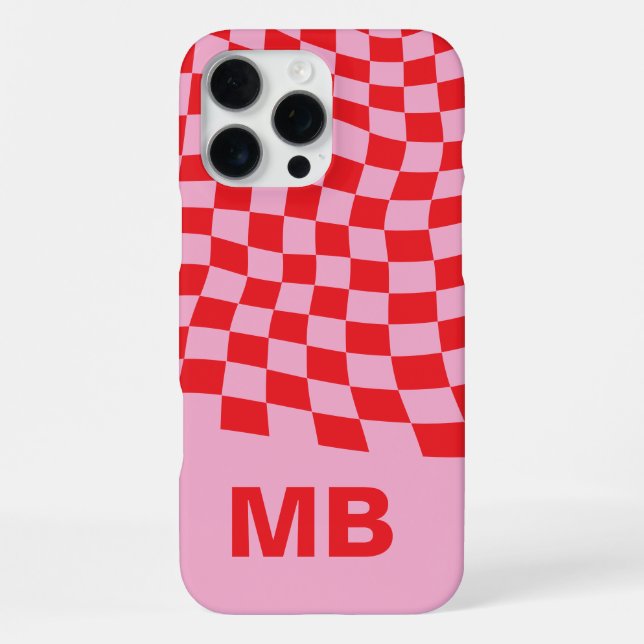Moderne rosa rote wellige karierte Muster-Monogram iPhone Hülle (Rückseite)