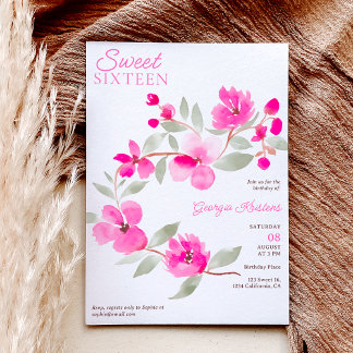 Moderne rosa Sakura florale Wasserfarbe Süß 16 Einladung
