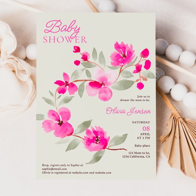 Moderne rosa Sakura florfarbene Wasserfarben Babyd Einladung (Modern pink sakura floral watercolor baby shower invitation on light green)