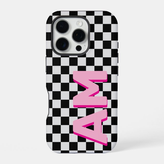 Moderne rosa Schatten-Monogramm-Karo-Anfangsbuchst iPhone Hülle (Rückseite)