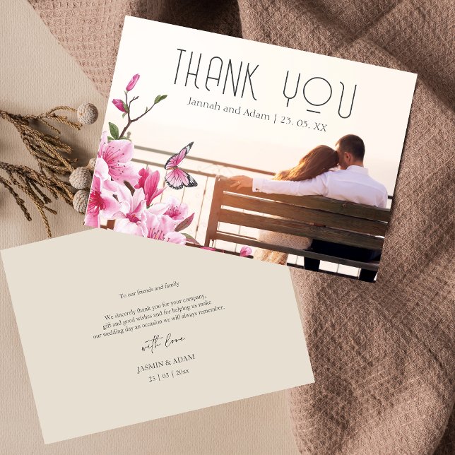 Moderne rosa Schmetterlinge blumenreiche Foto Hoch Dankeskarte (Modern Pink Butterflies Floral Photo Wedding Thank You Card)