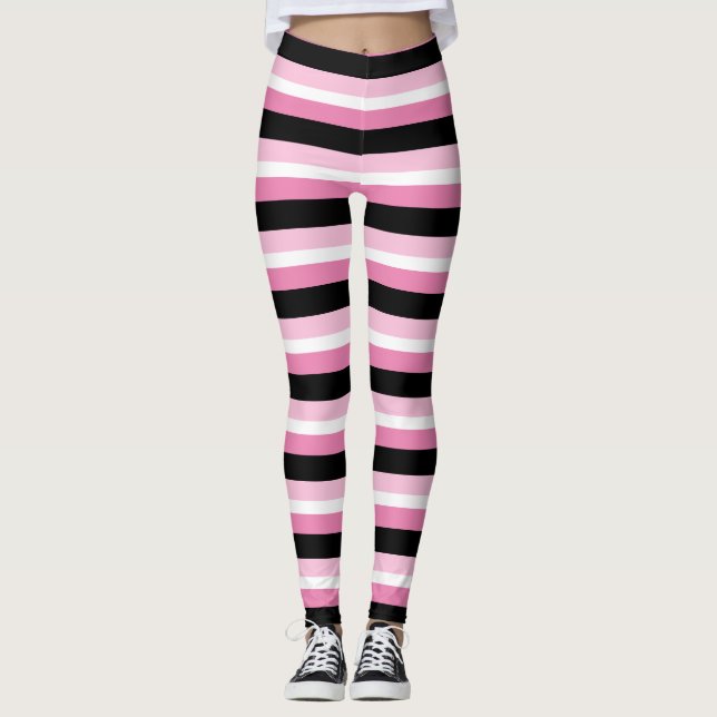Moderne rosa, schwarz und weiß Streifen Leggings (Vorderseite)