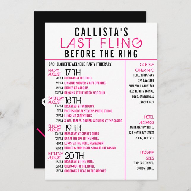 Moderne Rosa Schwarzer Junggeselinnen-Abschied - R Einladung (Vorne/Hinten)