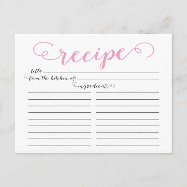 Moderne rosa Script Brautparty Rezept Karten (Vorderseite)