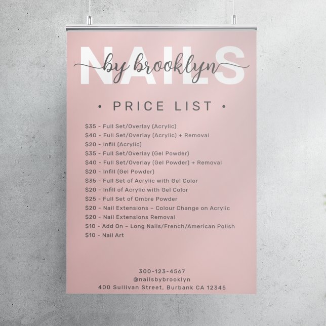 Moderne Rosa Script Nail Salon Preisliste Poster (Von Creator hochgeladen)