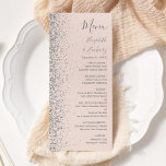 Moderne, rosa, silberfarbene Glitzer Edge Wedding Menükarte<br><div class="desc">Die links Seite dieses eleganten,  modernen Hochzeitsmenüs besticht durch ein silbernes Imitat-Glitzer-Design. Der anpassbare Text kombiniert graue Handschrift,  Copperplate und kursiv Schriftart auf einem rot-rosa Hintergrund. Auf der Rückseite ist ein passendes Design aus Glitzer und Blau.</div>