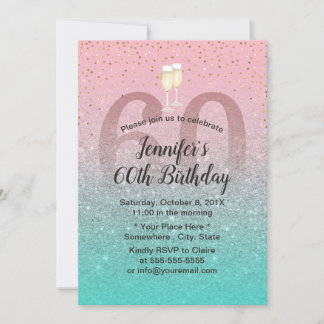 Moderne rosa Silberner Aquamariner Glitzer 60 Gebu Einladung