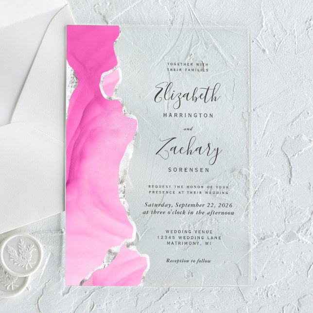 Moderne rosa Silver Agate Hochzeit Acryleinladungen (Von Creator hochgeladen)