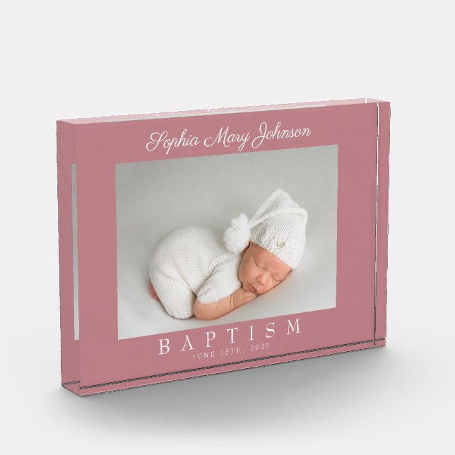 Moderne rosa Skripttaufe Fotoblock (Links)