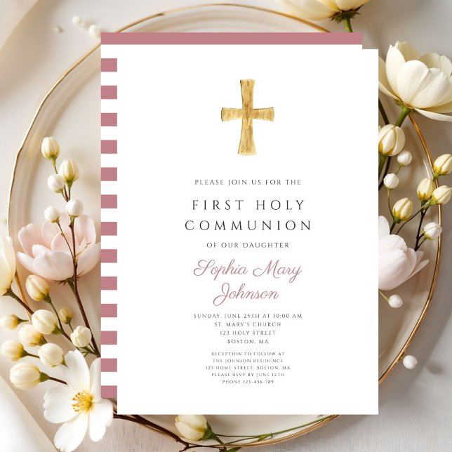 Moderne rosa Streifen Cross Girl Erste Kommune Einladung (Modern Pink Stripes Cross Girl First Communion Invitation )