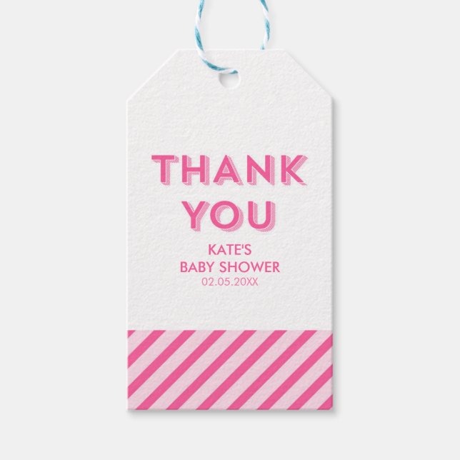 Moderne rosa Streifen Danke Babydusche Geschenkanhänger (Vorderseite)