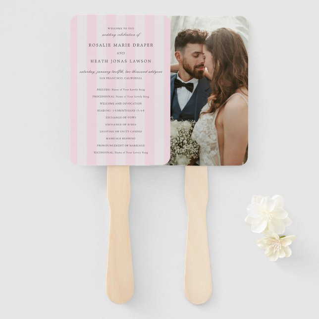 Moderne rosa Streifen elegante Hochzeitsprogramm Fächer (Vorne und Hinten)