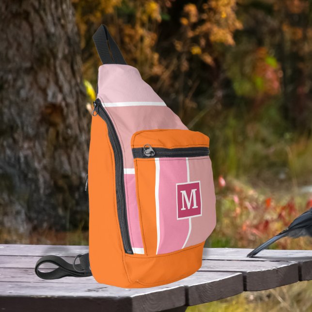 Moderne rosa Streifen mit Monogramm Crossbody Bag (sling bag with monogram in pink and orange)