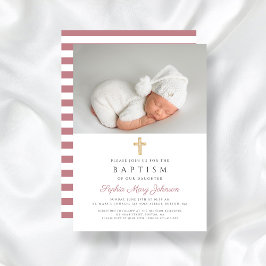 Moderne rosa Streifen Religiöse Cross Foto Taufe Einladung