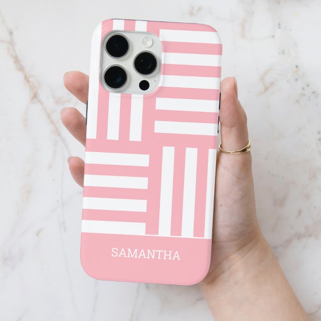 Moderne rosa Streifen Weißer Individuelle Name Ein Case-Mate iPhone Hülle (Modern Pink Stripes White Custom Name Simple Chic Case-Mate iPhone Case)