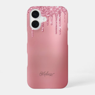 Moderne rosa tropfende Glitter-Personalisierung Na iPhone 16 Hülle