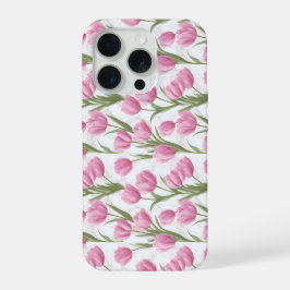 Moderne rosa Tulpe weißes Blumenmuster iPhone 15 Pro Hülle